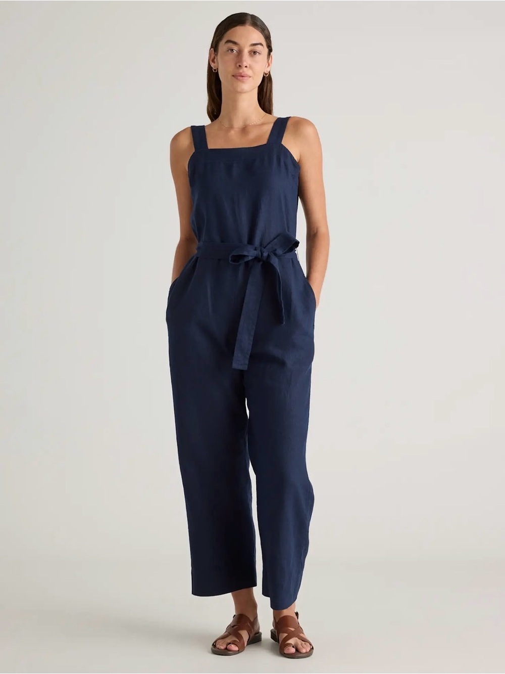 Quince 100% European Linen Square Neck Jumpsuit in Deep Navy Size Small